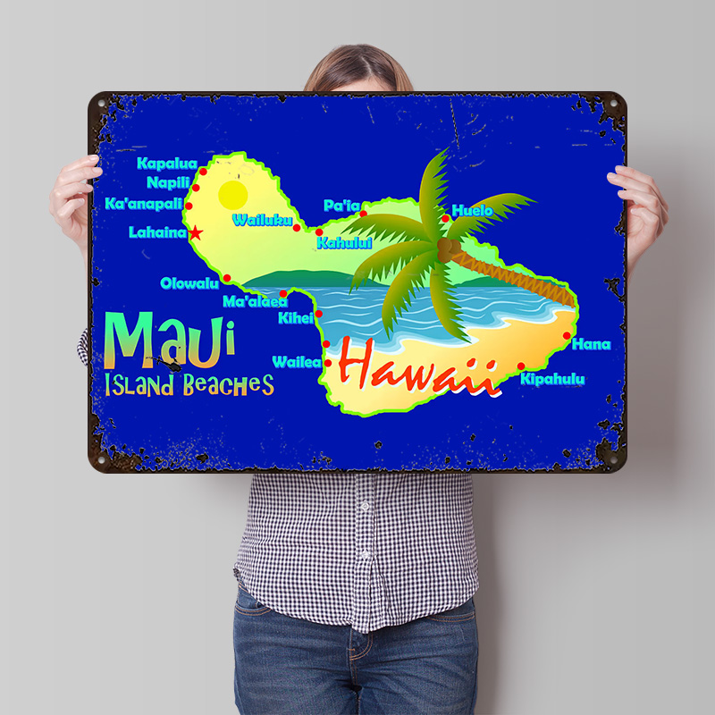 Retro Gaming Island - Poster Peta Pantai Pulau Maui Hawaii,